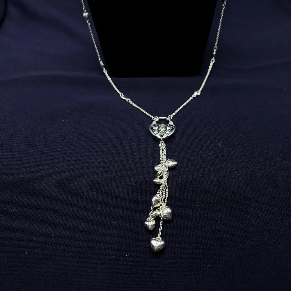 Candies Breaking‎ Hearts Silver Tone Long Station Necklace with Heart Tassel